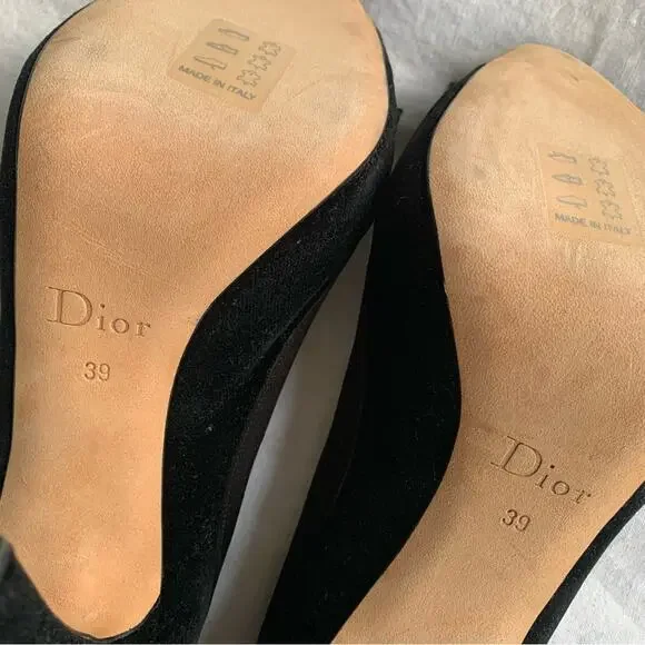 Vintage Christian Dior Logo Mirror Bow Ribbon Velvet Peep Toe Pumps Heels Black - Picture 11 of 11